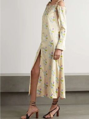GANNI - Light Yellow Floral Cold-Shoulder Long Sleeve Midi Dress